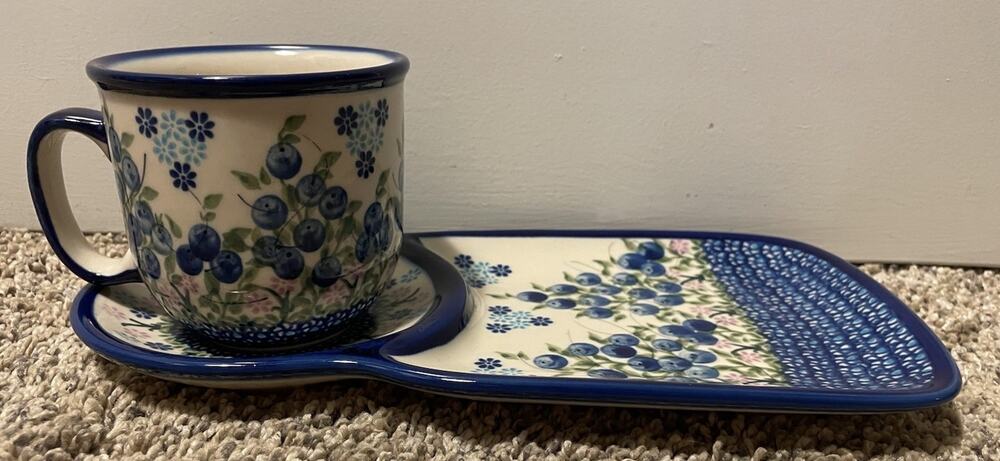Unikat Kalich Coffee Cake Polish Pottery Set Blueberry Floral Poland Mug Plate